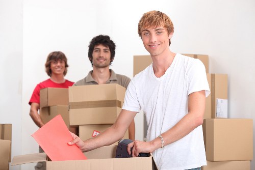 Professional man and van team handling boxes in Brompton